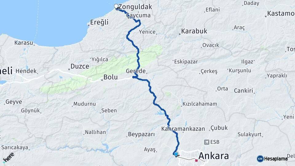 Ankara Sincan Zonguldak Arası Kaç Km - Yol Haritası