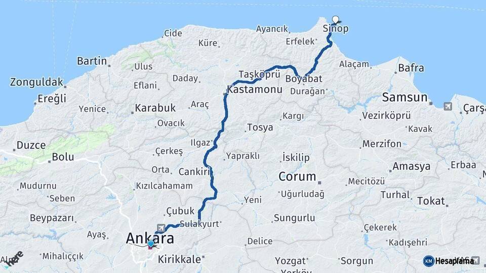 Ankara Sinop Arası Kaç Km - Yol Haritası