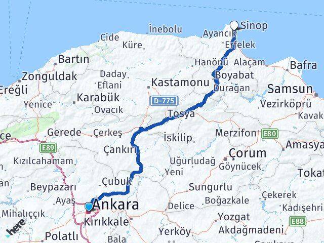 Ankara Sinop Havalimanı Arası Kaç Km - Yol Haritası
