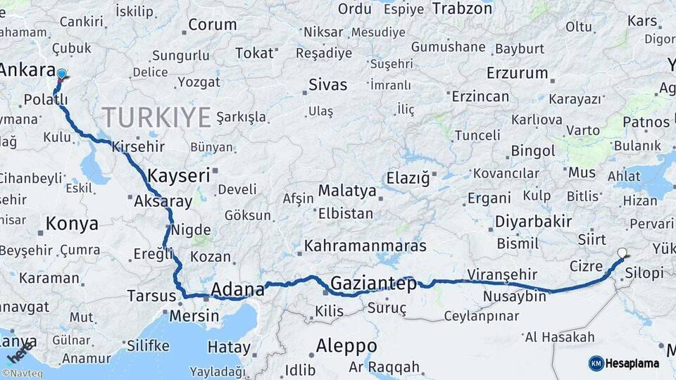 Ankara Şırnak Arası Kaç Km - Yol Haritası