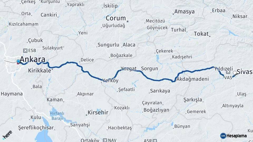 Ankara Sivas Arası Kaç Km - Yol Haritası