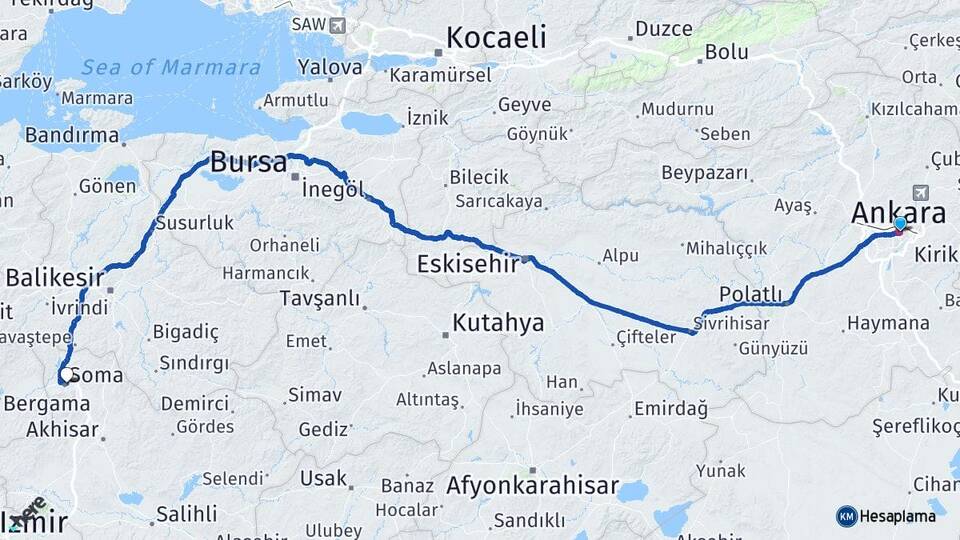 Ankara Soma Manisa Arası Kaç Km - Yol Haritası