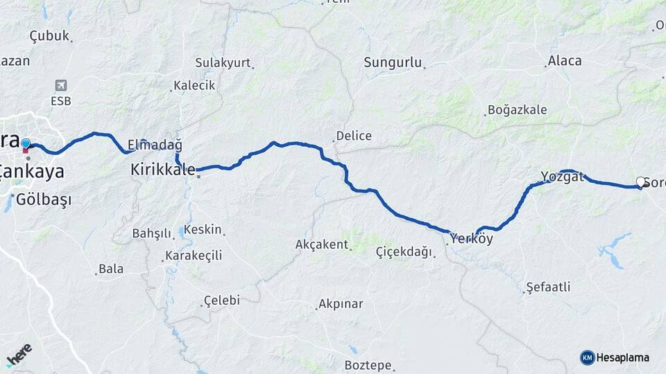 Ankara Sorgun Yozgat Arası Kaç Km - Yol Haritası