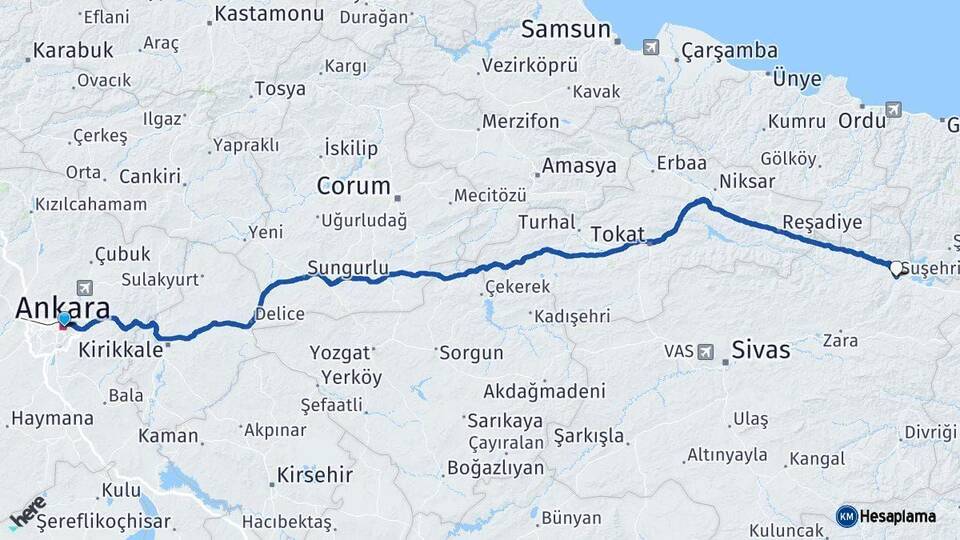Ankara Suşehri Sivas Arası Kaç Km - Yol Haritası