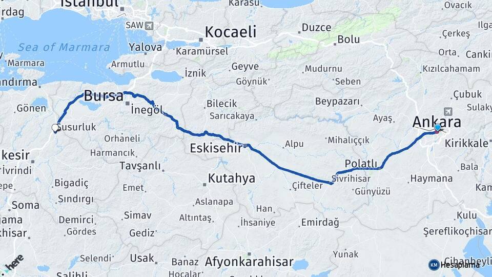 Ankara Susurluk Balıkesir Arası Kaç Km - Yol Haritası