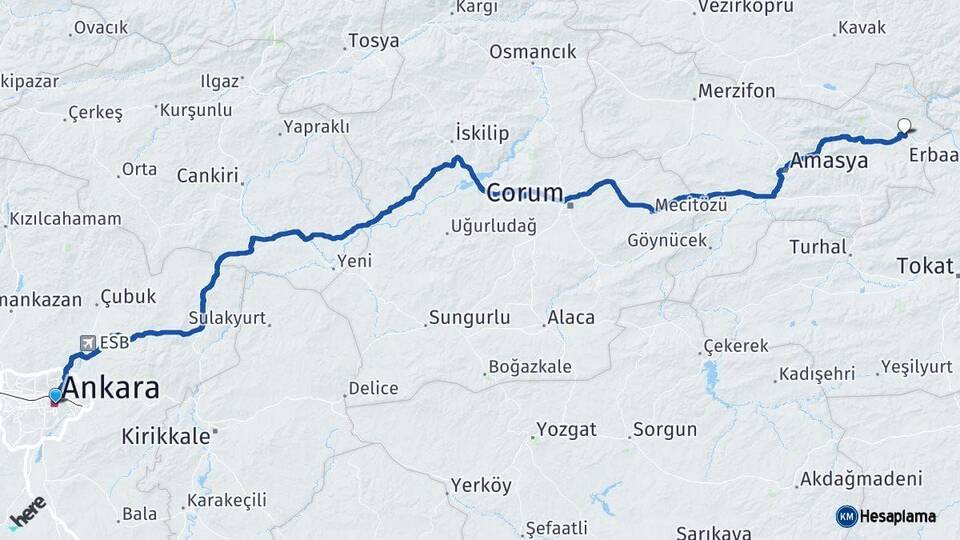 Ankara Taşova Amasya Arası Kaç Km - Yol Haritası