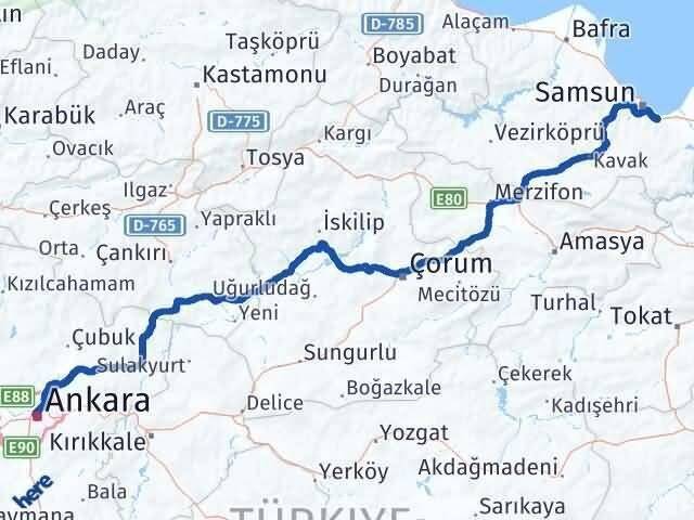 Ankara Tekkeköy Samsun Arası Kaç Km - Yol Haritası
