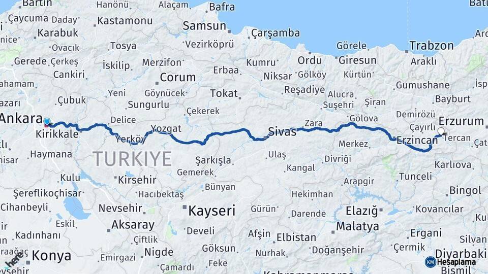 Ankara Tercan Erzincan Arası Kaç Km - Yol Haritası