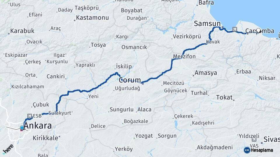 Ankara Terme Samsun Arası Kaç Km - Yol Haritası