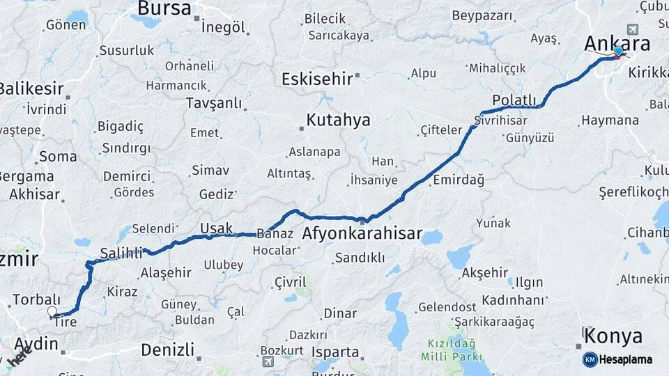 Ankara Tire İzmir Arası Kaç Km - Yol Haritası