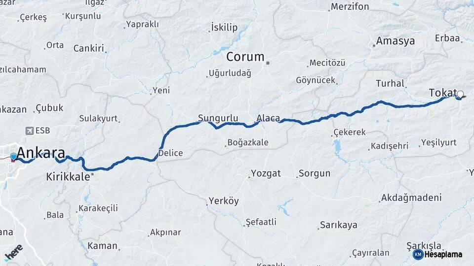 Ankara Tokat Arası Kaç Km - Yol Haritası
