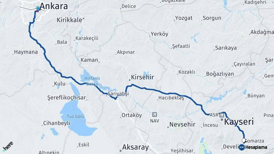 Ankara Tomarza Kayseri Arası Kaç Km - Yol Haritası