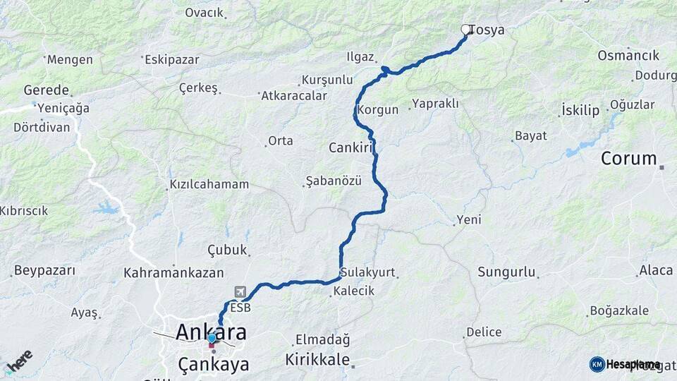 Ankara Tosya Kastamonu Arası Kaç Km - Yol Haritası