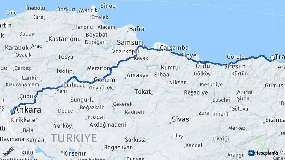 Ankara Trabzon Arası Kaç Km - Yol Haritası