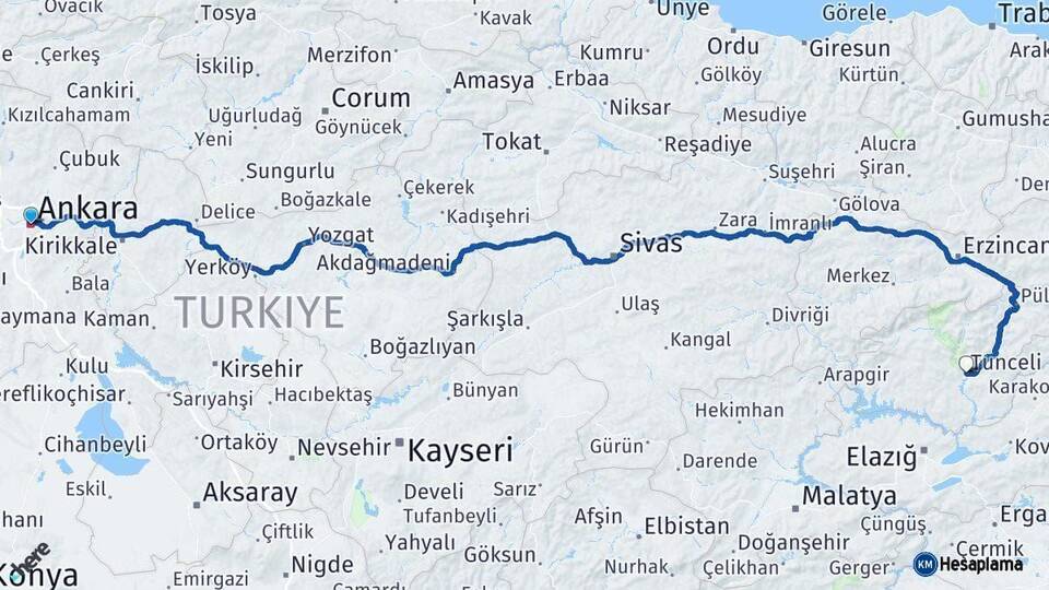 Ankara Tunceli Arası Kaç Km - Yol Haritası