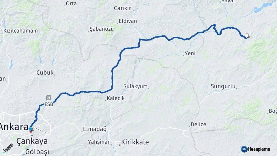 Ankara Uğurludağ Çorum Arası Kaç Km - Yol Haritası