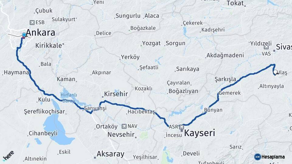 Ankara Ulaş Sivas Arası Kaç Km - Yol Haritası