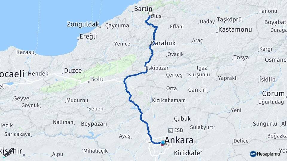 Ankara Ulus Bartın Arası Kaç Km - Yol Haritası