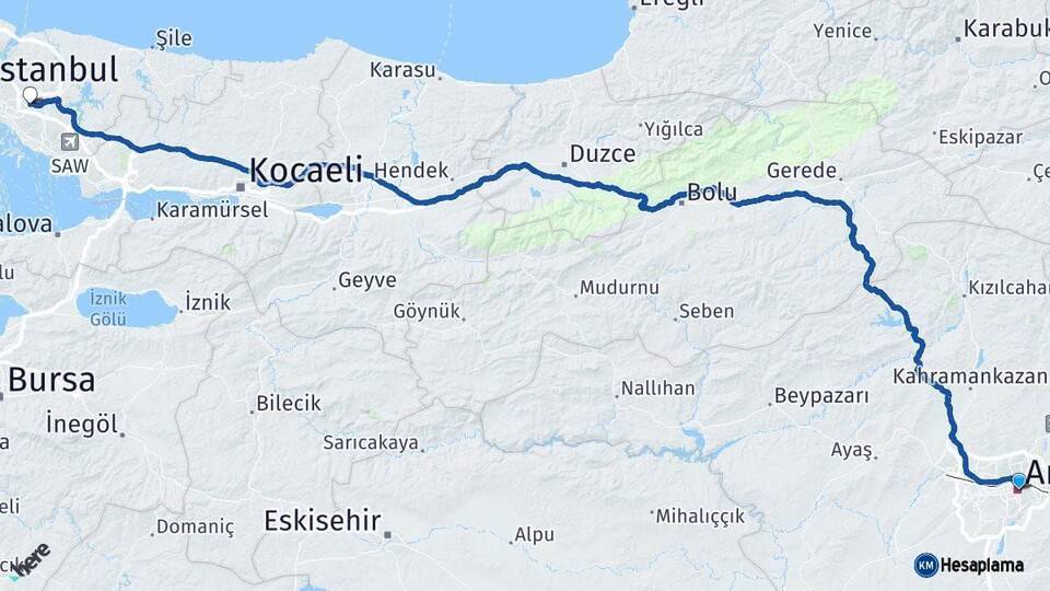 Ankara Ümraniye İstanbul Arası Kaç Km - Yol Haritası