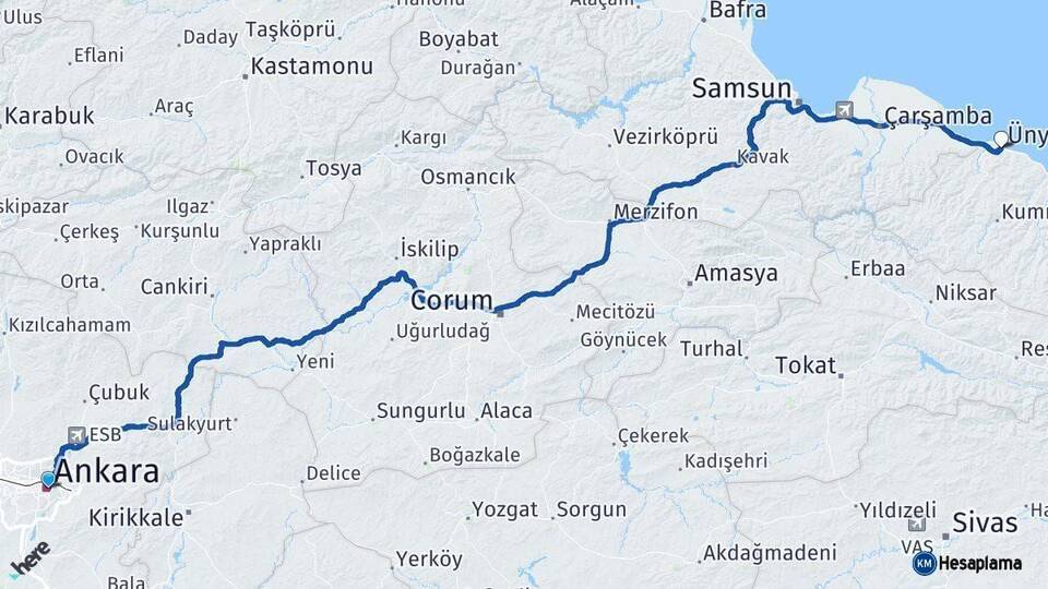 Ankara Ünye Ordu Arası Kaç Km - Yol Haritası
