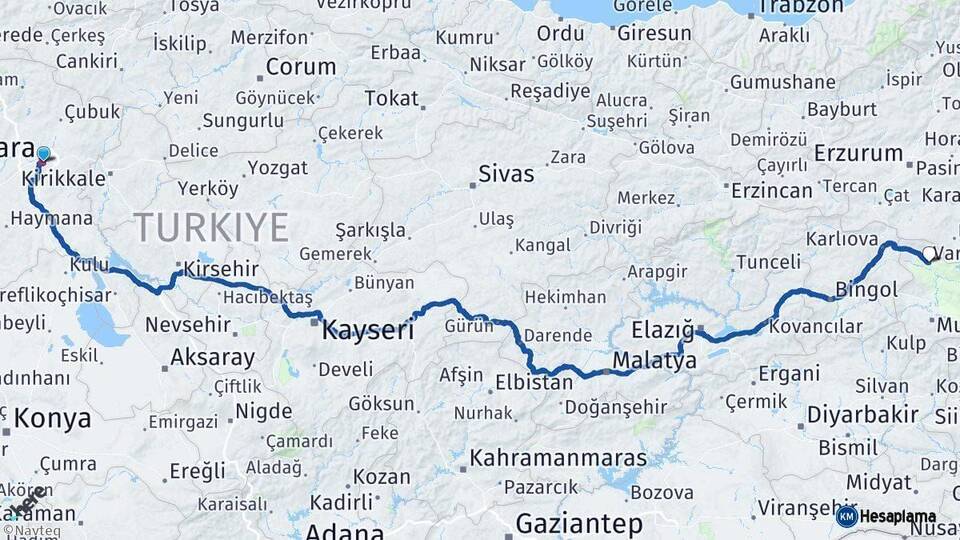 Ankara Varto Muş Arası Kaç Km - Yol Haritası