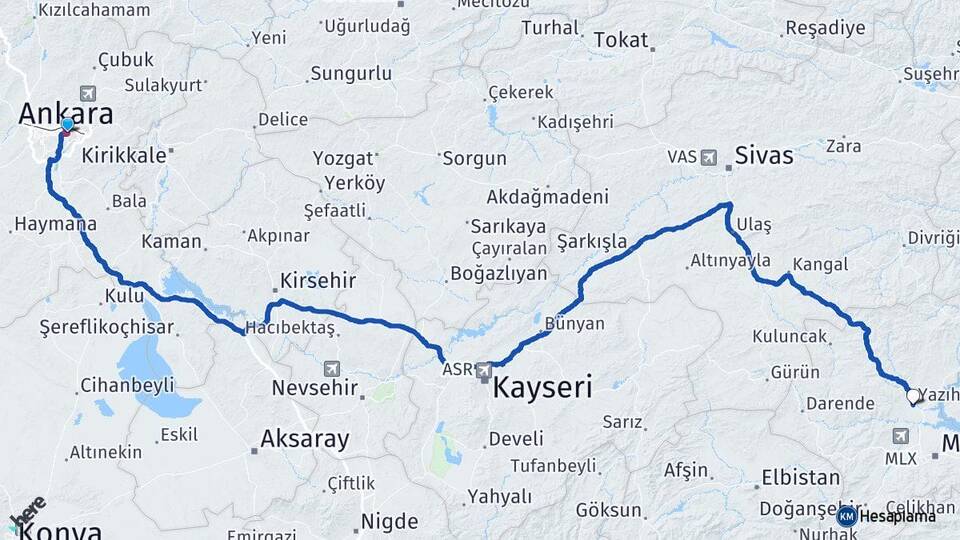 Ankara Yazıhan Malatya Arası Kaç Km - Yol Haritası