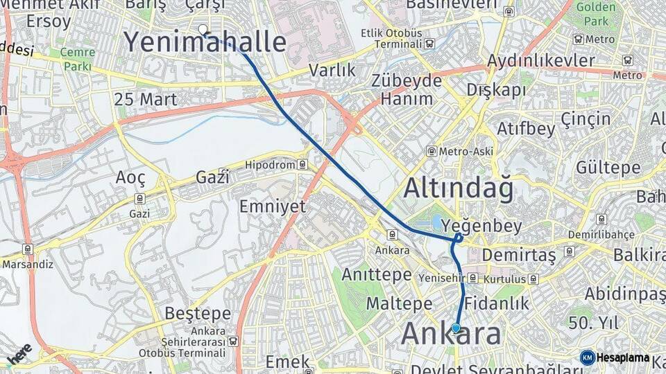 Ankara Yenimahalle Arası Kaç Km - Yol Haritası
