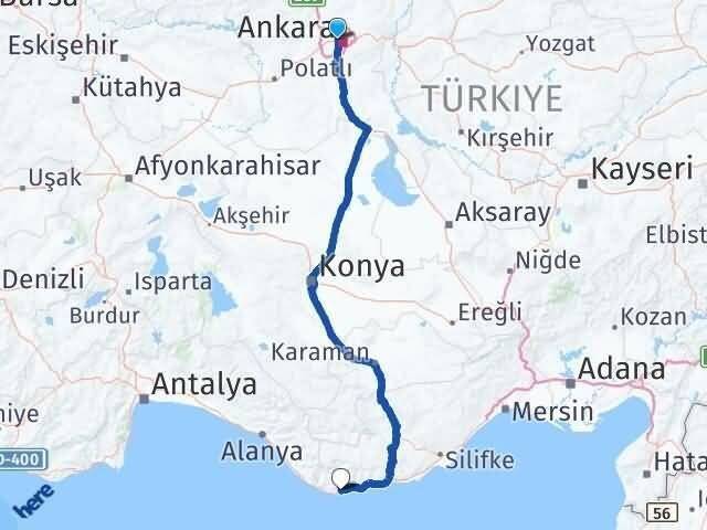 Ankara Yenimahalle Beştepe Anamur Mersin Arası Kaç Km - Yol Haritası