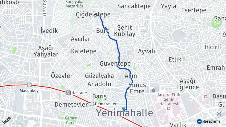 Ankara Yenimahalle Çiğdemtepe Yenimahalle Arası Kaç Km - Yol Haritası
