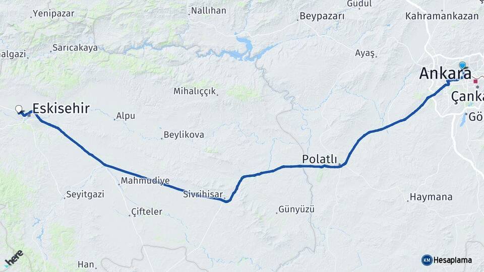 Ankara Yenimahalle Demetevler Batıkent Tepebaşı Eskişehir Arası Kaç Km - Yol Haritası