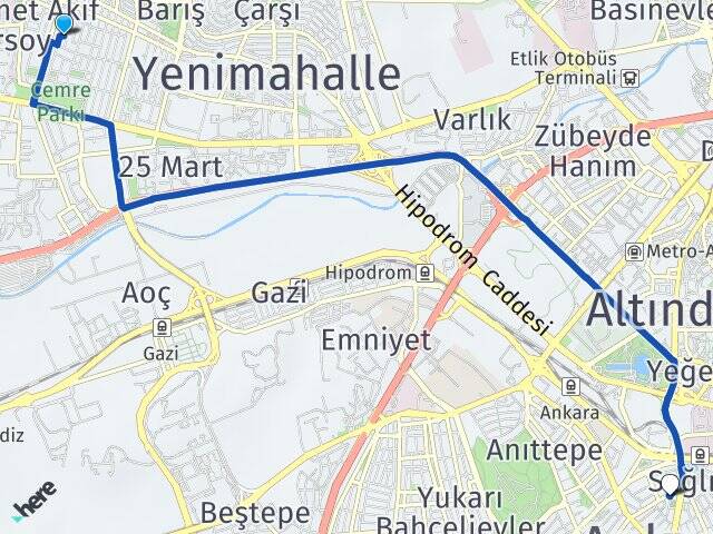 Ankara Yenimahalle Demetevler Kızılay Çankaya Arası Kaç Km - Yol Haritası