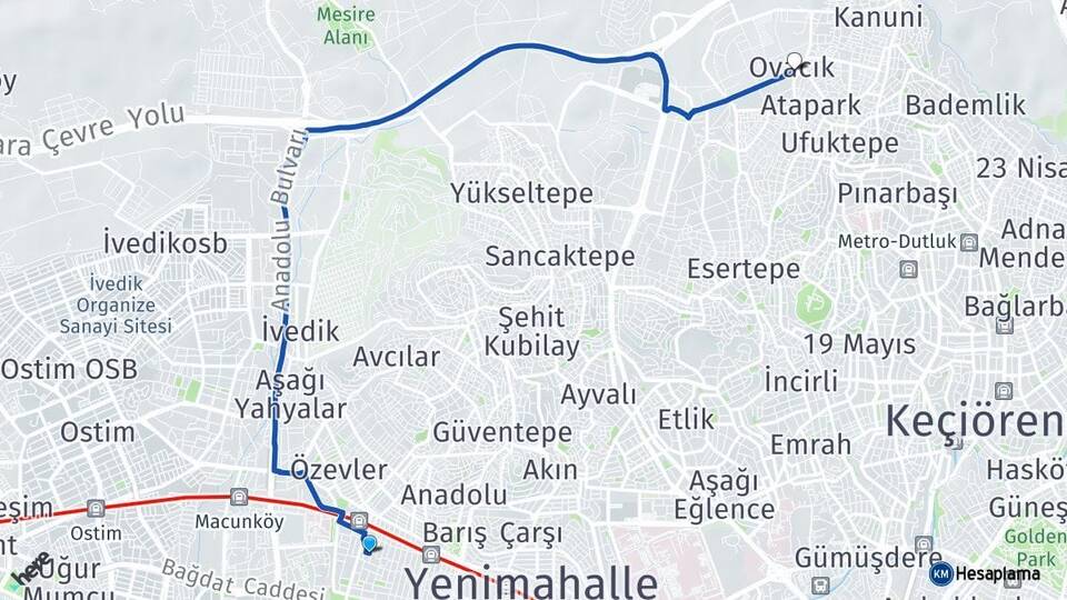 Ankara Yenimahalle Demetevler Ovacık Keçiören Arası Kaç Km - Yol Haritası