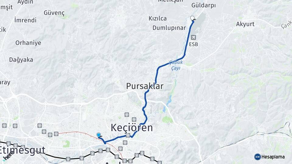 Ankara Yenimahalle Esenboğa Çubuk Arası Kaç Km - Yol Haritası