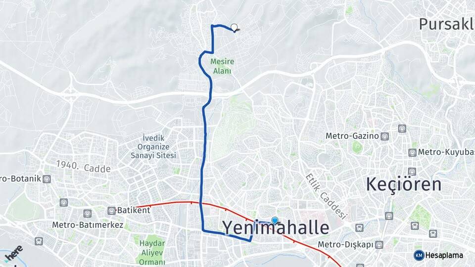 Ankara Yenimahalle Kuzey Yıldızı Yenimahalle Arası Kaç Km - Yol Haritası