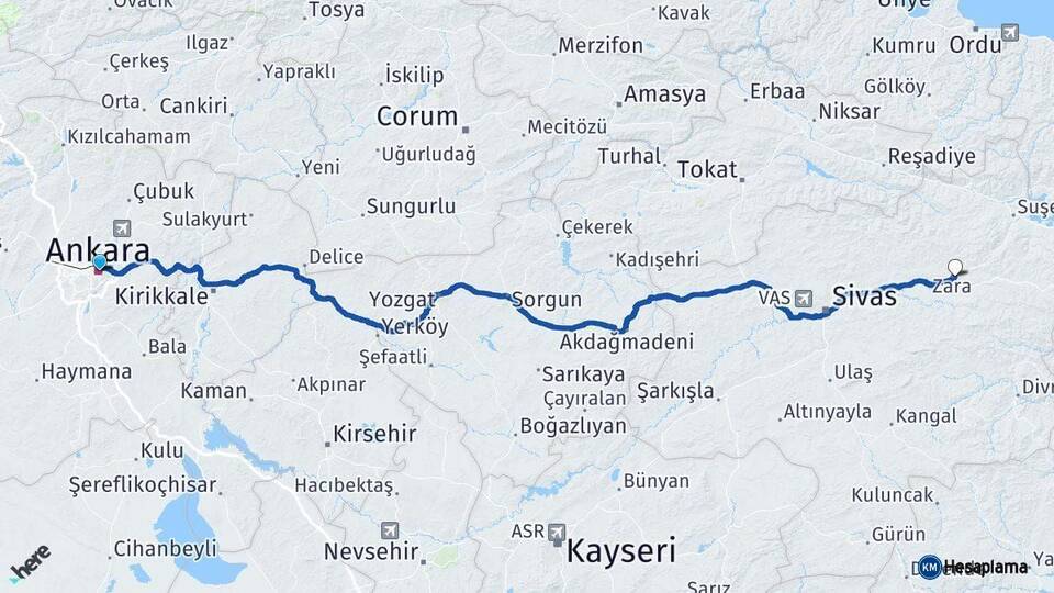 Ankara Zara Sivas Arası Kaç Km - Yol Haritası
