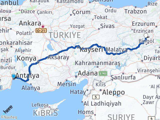 Antalya Adaklı Bingöl Arası Kaç Km - Yol Haritası