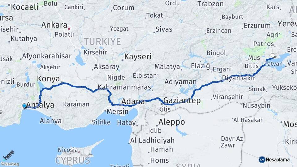 Antalya Adilcevaz Bitlis Arası Kaç Km - Yol Haritası