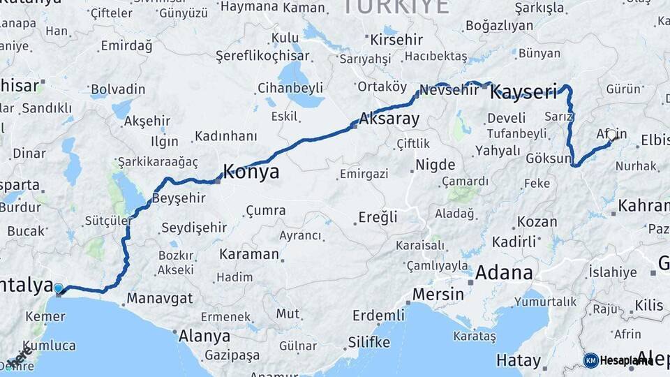 Antalya Afşin Kahramanmaraş Arası Kaç Km - Yol Haritası