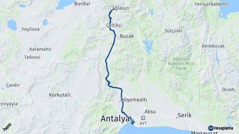 Antalya Ağlasun Burdur Arası Kaç Km - Yol Haritası