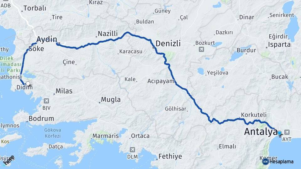Antalya Akbük Didim Aydın Arası Kaç Km - Yol Haritası