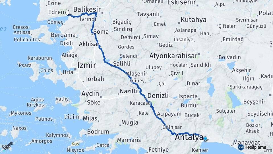 Antalya Akçay Edremit Balıkesir Arası Kaç Km - Yol Haritası