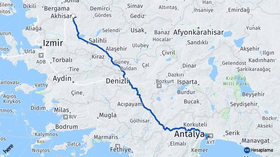Antalya Akhisar Manisa Arası Kaç Km - Yol Haritası