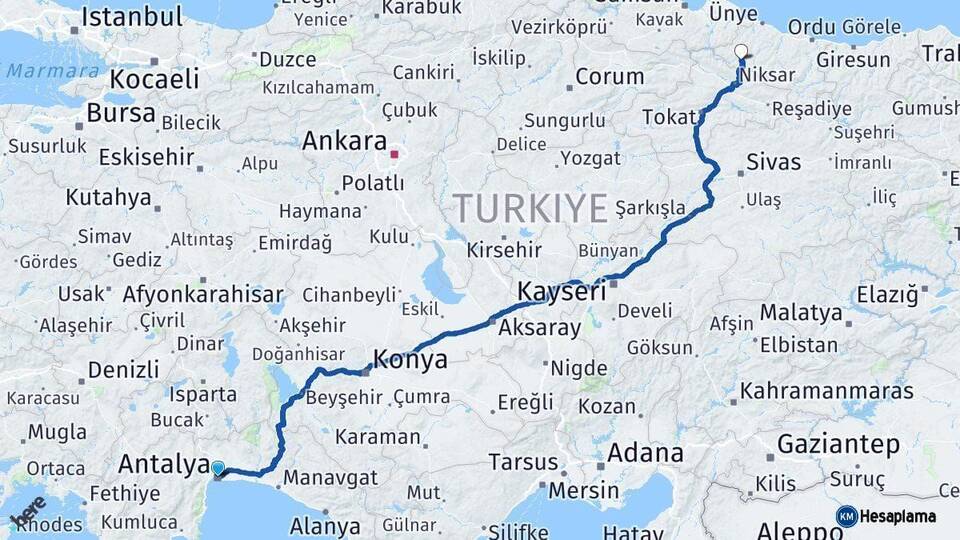 Antalya Akkuş Ordu Arası Kaç Km - Yol Haritası