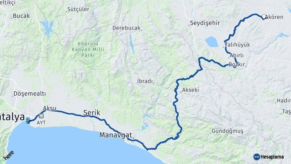 Antalya Akören Arası Kaç Km - Yol Tarifi