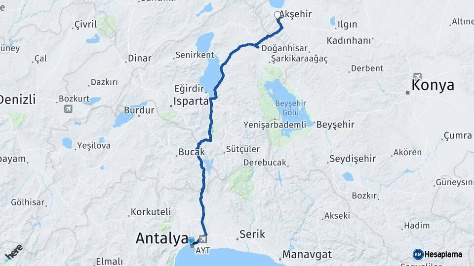 Antalya Akşehir Konya Arası Kaç Km - Yol Haritası