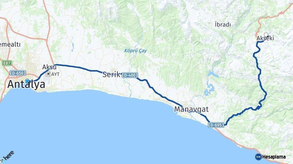 Antalya Akseki Arası Kaç Km - Yol Haritası