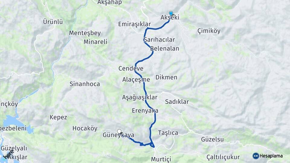Antalya Akseki Güneykaya Akseki Arası Kaç Km - Yol Haritası