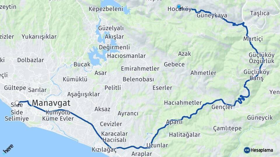 Hocaköy Side Arası Kaç Km - Yol Tarifi