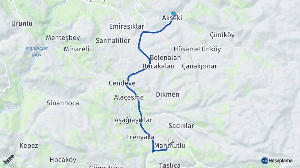 Antalya Akseki Mahmutlu Akseki Arası Kaç Km - Yol Haritası
