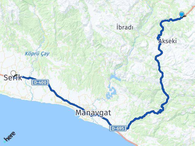 Antalya Akseki Yarpuz Serik Arası Kaç Km - Yol Haritası
